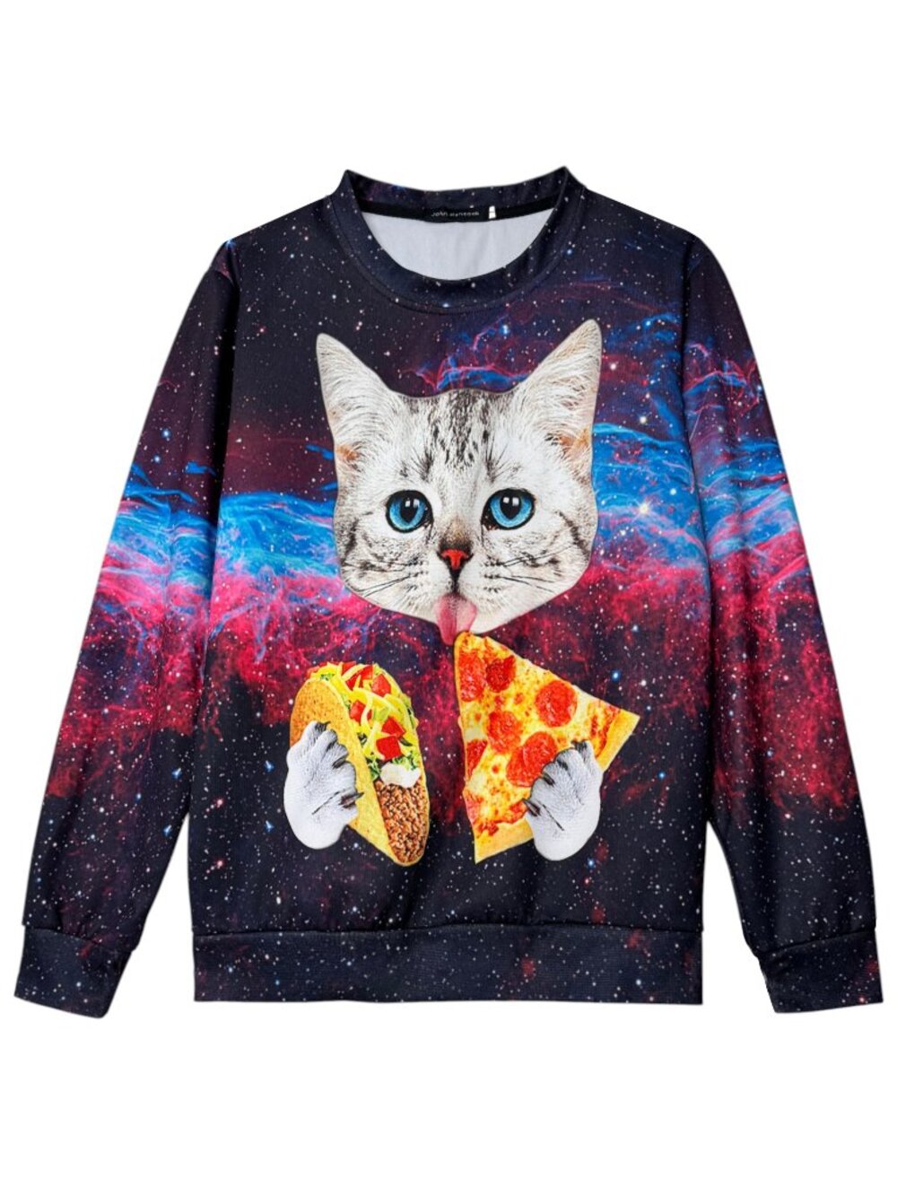 SPACE CAT TACO PIZZA TOP SWEATSHIRT JOHN HANCOCK LONG SLEEVE POP ART COLORFUL L